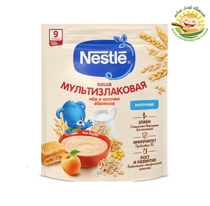 سرلاک با شیر و چند غله با تکه های عسل و زردآلو نستله Nestle روسی